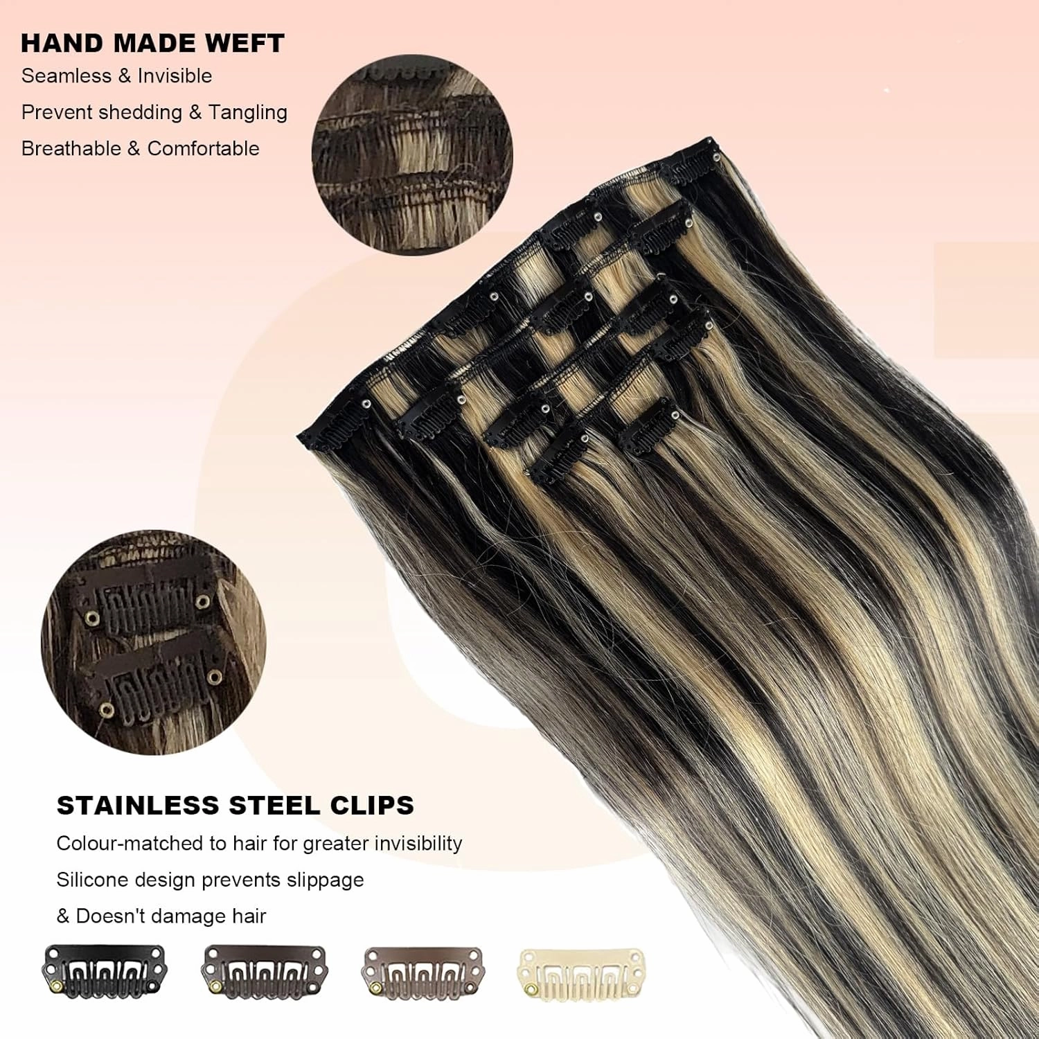 Clip in Hair Extensions, OiMiGO Blonde Highlights Human Hair Extensions Black and Honey Blonde Clip ins 5Pcs 12Inch 70g Invisible Clips Straight Blonde Highlighted Clips on Extension