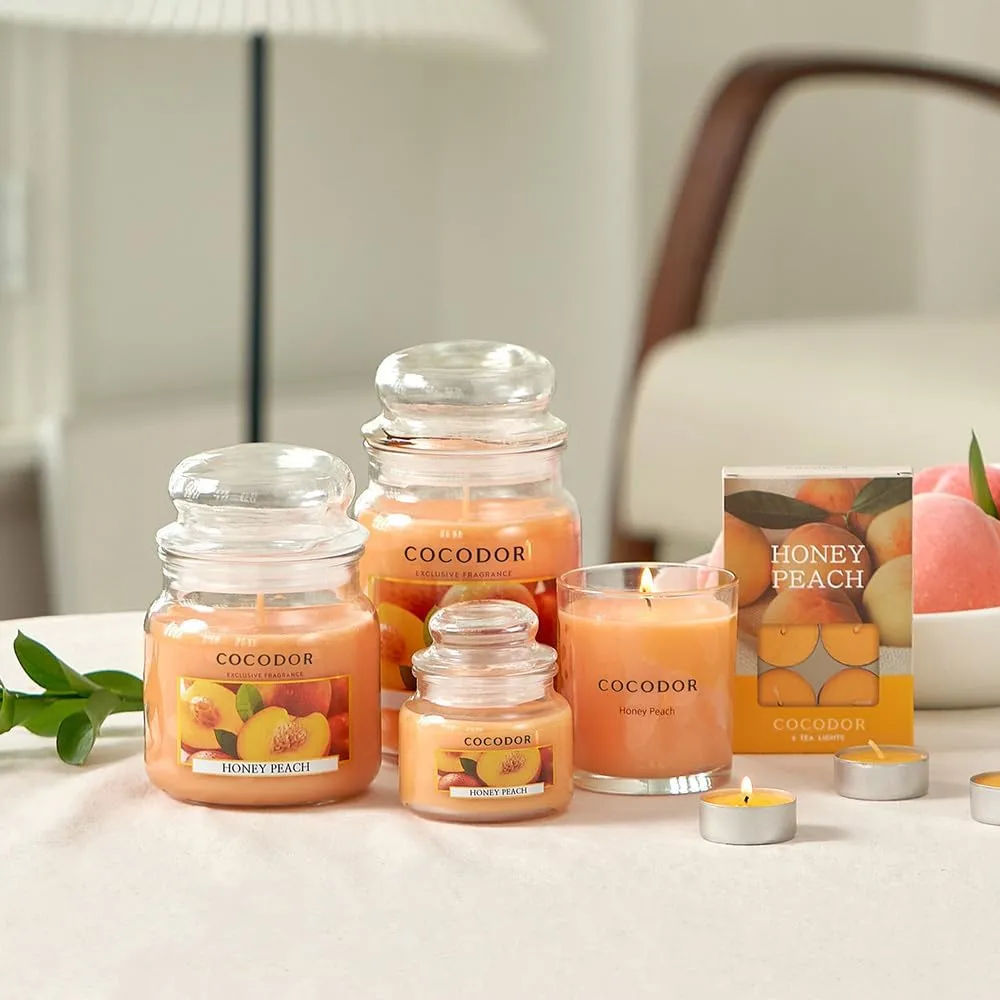 COCODOR Candle Honey Peach Scented, Large Glass Jar 18oz Wick Candle, 110 Hours of Burn Time