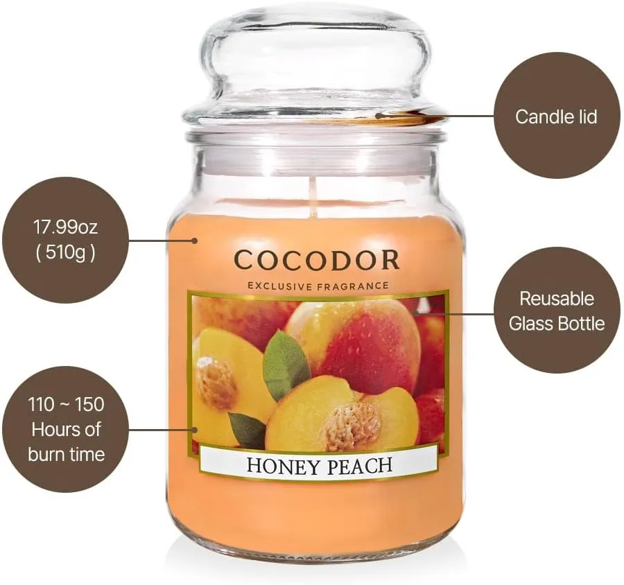 COCODOR Candle Honey Peach Scented, Large Glass Jar 18oz Wick Candle, 110 Hours of Burn Time