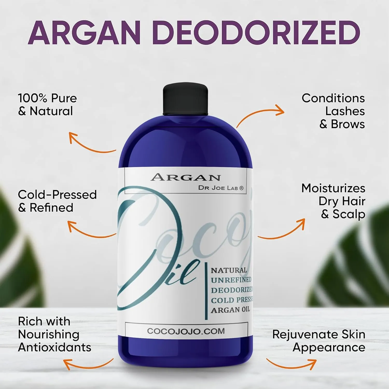 cocojojo Argan Oil Deodorized, Argan Oil for Hair, Hair Treatment, 100% Pure Organic, Oils for Face, Unrefined Unscented Cold Pressed Extra Virgin - 16 Oz