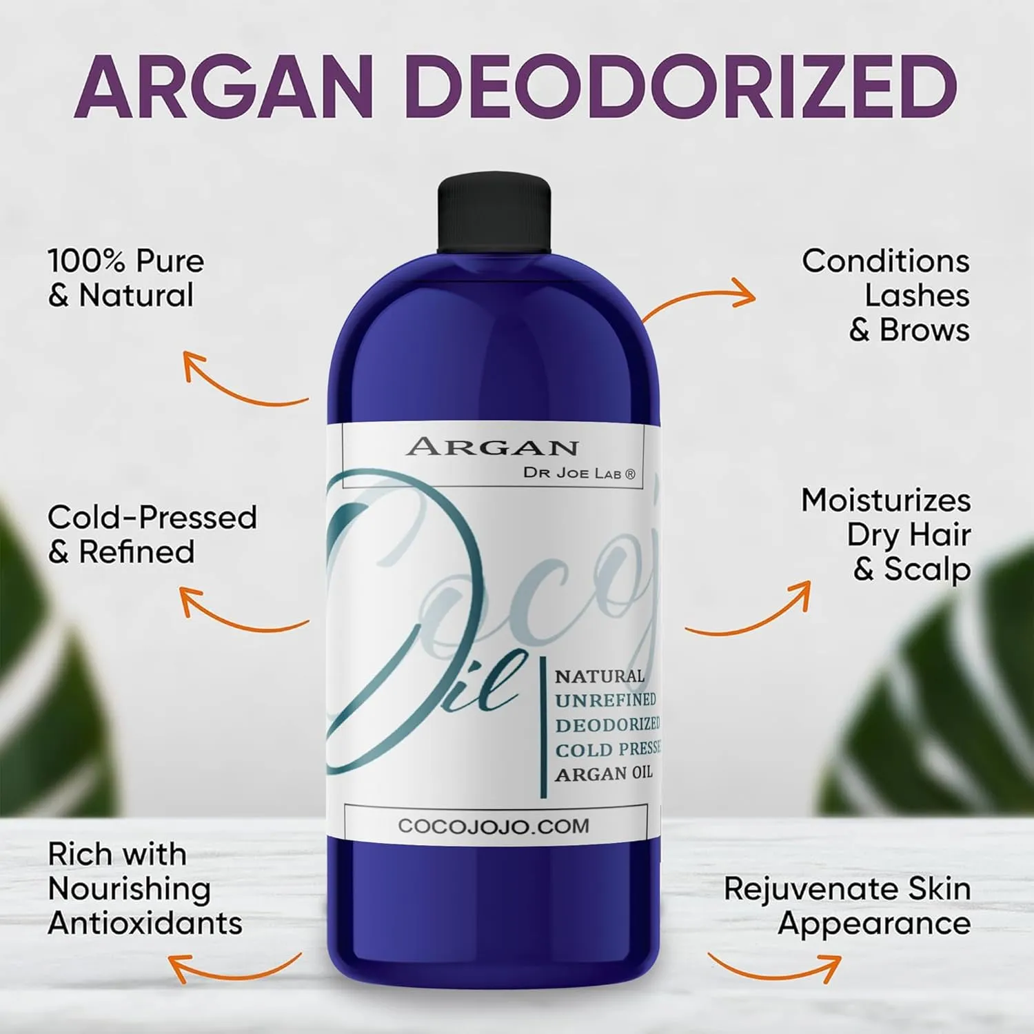 Cocojojo Deodorized Argan Oil for Hair Treatment Oils, Pure Argan Oil for Face, Unrefined Unscented Cold Pressed Extra Virgin - 32 Oz (Pack of 1) - Packaging May Vary