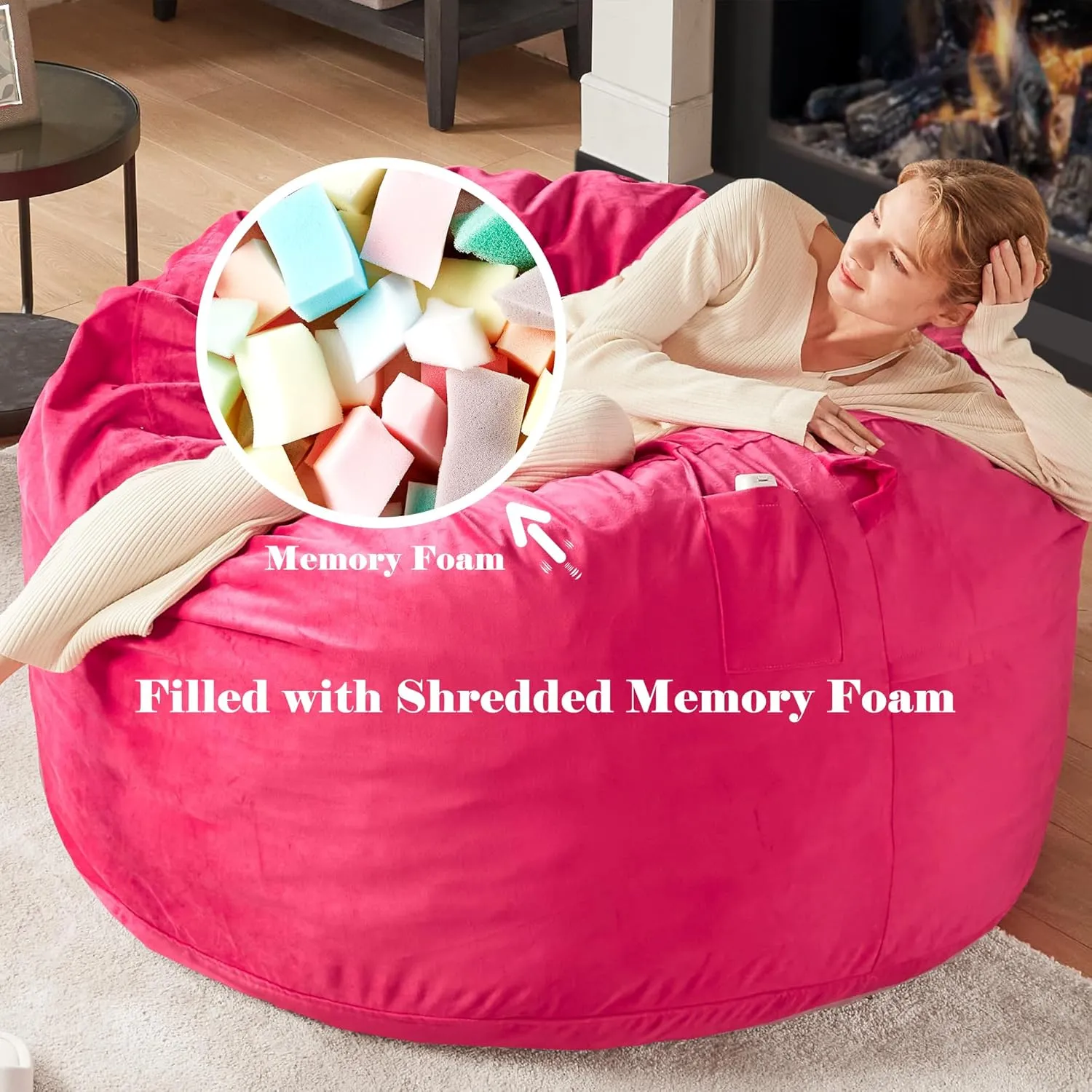 Codi Pink Bean Bag Chair with Filler Included, 4 FT - Comfy Large Beanbag Chair for Adults, with Premium Foam - Machine Washable Soft Mink Bonded Cover, 4ft