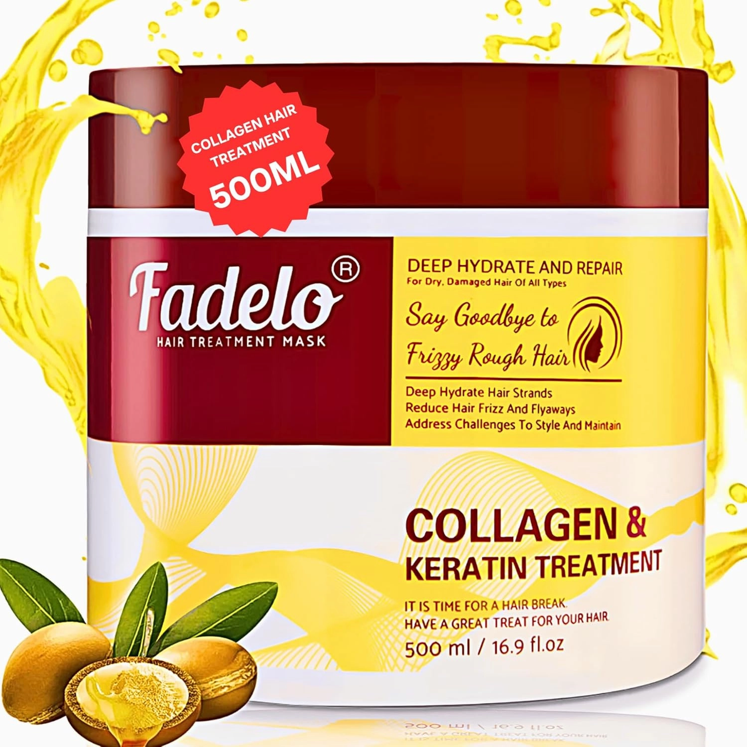 Collagen Keratin Hair Mask - Deep Repair for Damaged Hair with Argan Oil and Vitamin E - Hydrating Treatment for Dryness and Damage-500 ml (Refreshing), Yellow (16.9 Fl Oz (Pack of 1), Floral)