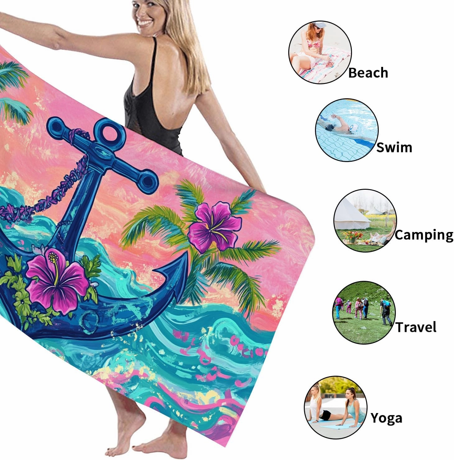 Colorful Anchor Microfiber Beach Towel Peach Tropical Design Quick Dry Absorbent Soft Sand Free Lightweight Beach Blanket, Vacation Pool Camping Picnic Essentials 62x31 Inch