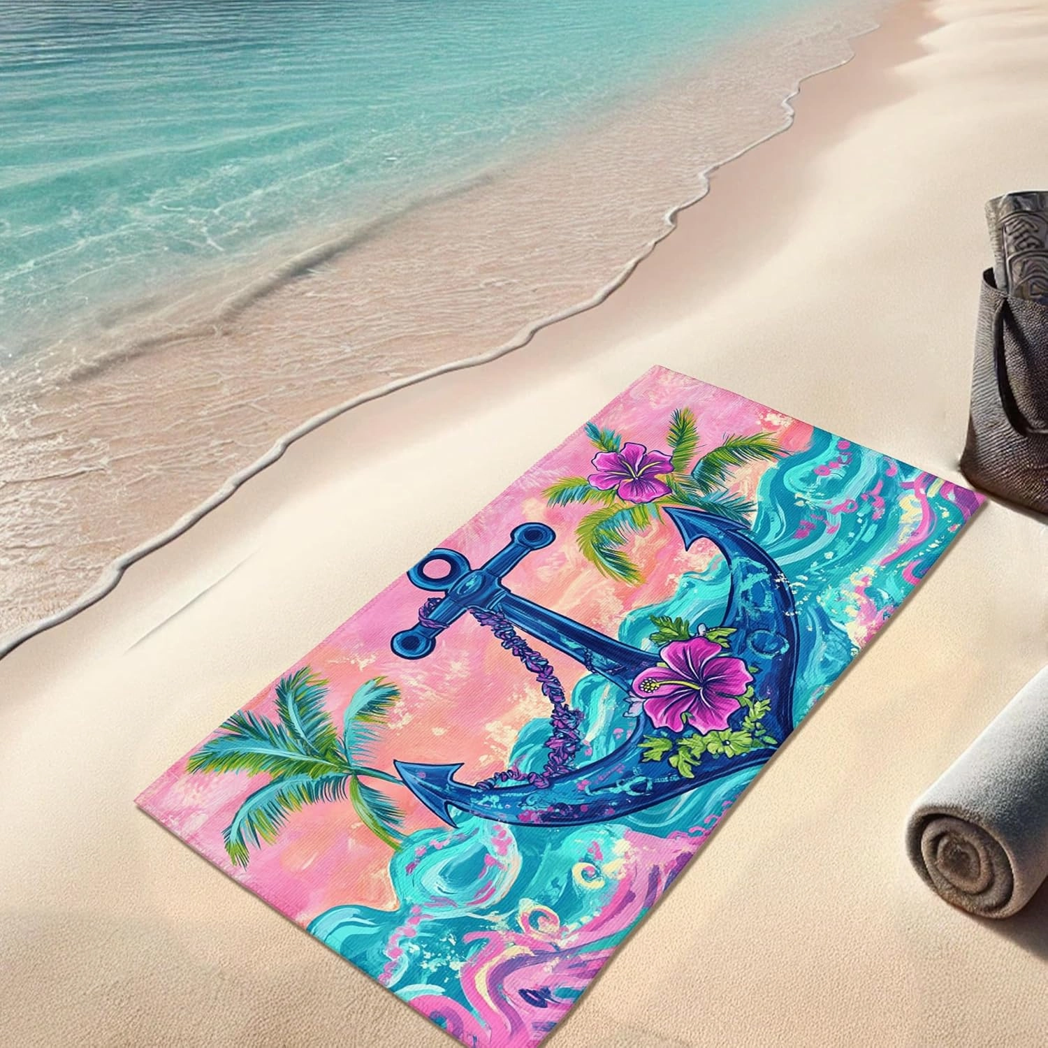 Colorful Anchor Microfiber Beach Towel Peach Tropical Design Quick Dry Absorbent Soft Sand Free Lightweight Beach Blanket, Vacation Pool Camping Picnic Essentials 62x31 Inch