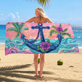 Colorful Anchor Microfiber Beach Towel Peach Tropical Design Quick Dry Absorbent Soft Sand Free Lightweight Beach Blanket, Vacation Pool Camping Picnic Essentials 62x31 Inch