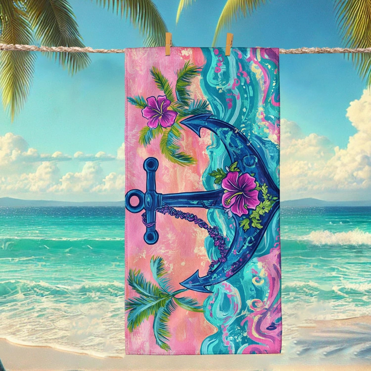Colorful Anchor Microfiber Beach Towel Peach Tropical Design Quick Dry Absorbent Soft Sand Free Lightweight Beach Blanket, Vacation Pool Camping Picnic Essentials 62x31 Inch