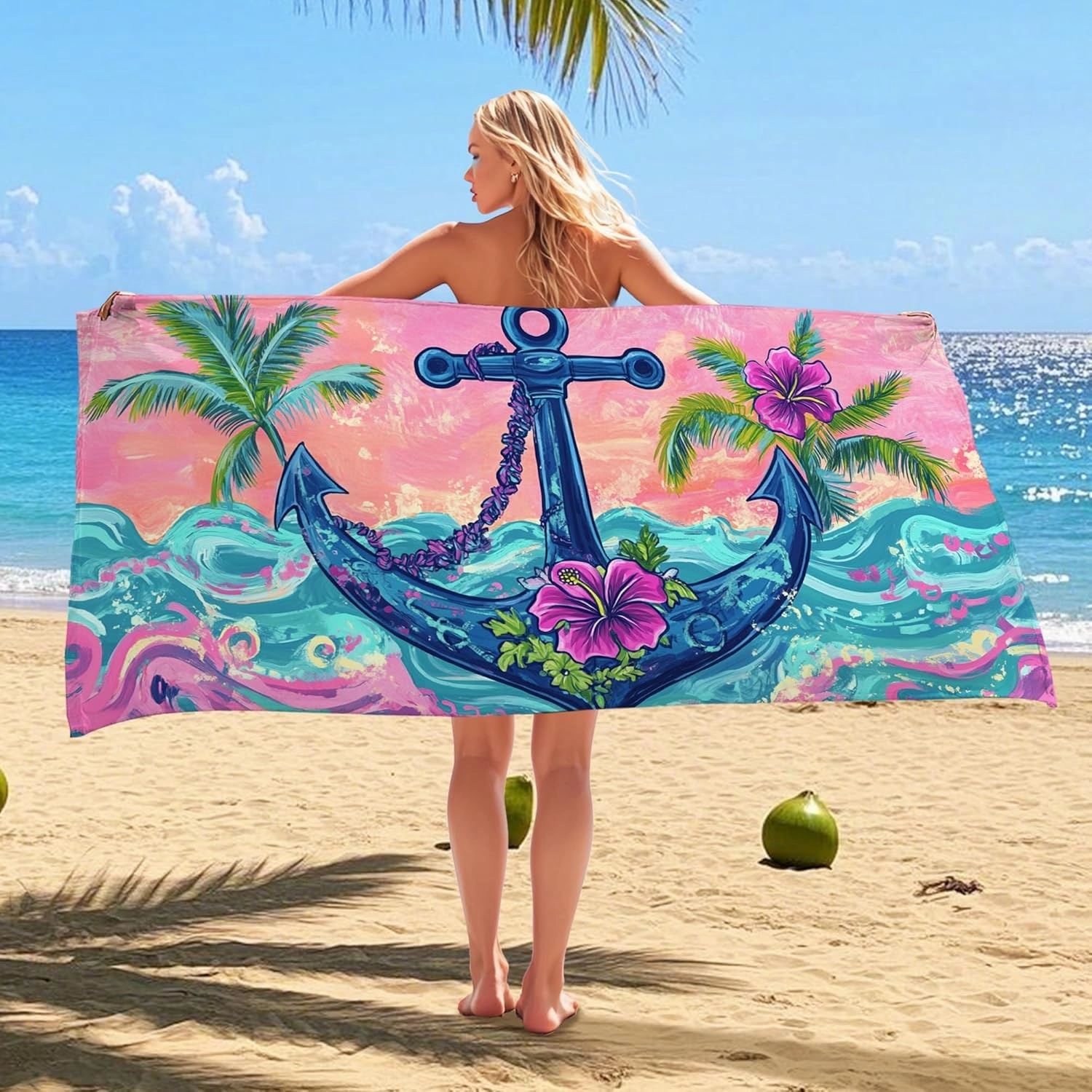 Colorful Anchor Microfiber Beach Towel Peach Tropical Design Quick Dry Absorbent Soft Sand Free Lightweight Beach Blanket, Vacation Pool Camping Picnic Essentials 62x31 Inch