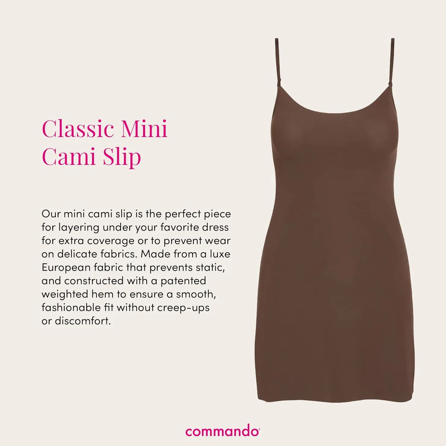 commando - Classic Mini Cami Slip | Short Full Slip Perfect for Sheer Dresses | Anti Static | Smooth, Barely-There Feel