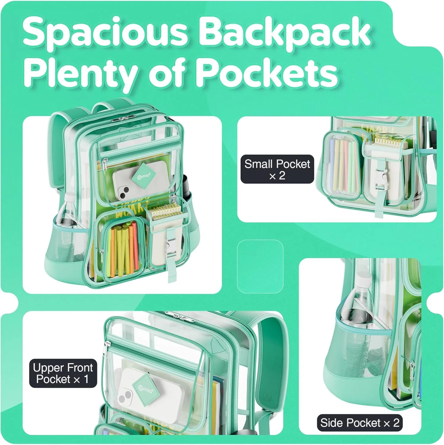 Contixo Clear Backpack for Kids & Adults - Transparent PVC Bookbag - Stadium-Approved Travel Bag for School, Waterproof - Adjustable Straps - Durable Tear-Resistant - 16.9" x 13.7" x 6.6" - Green