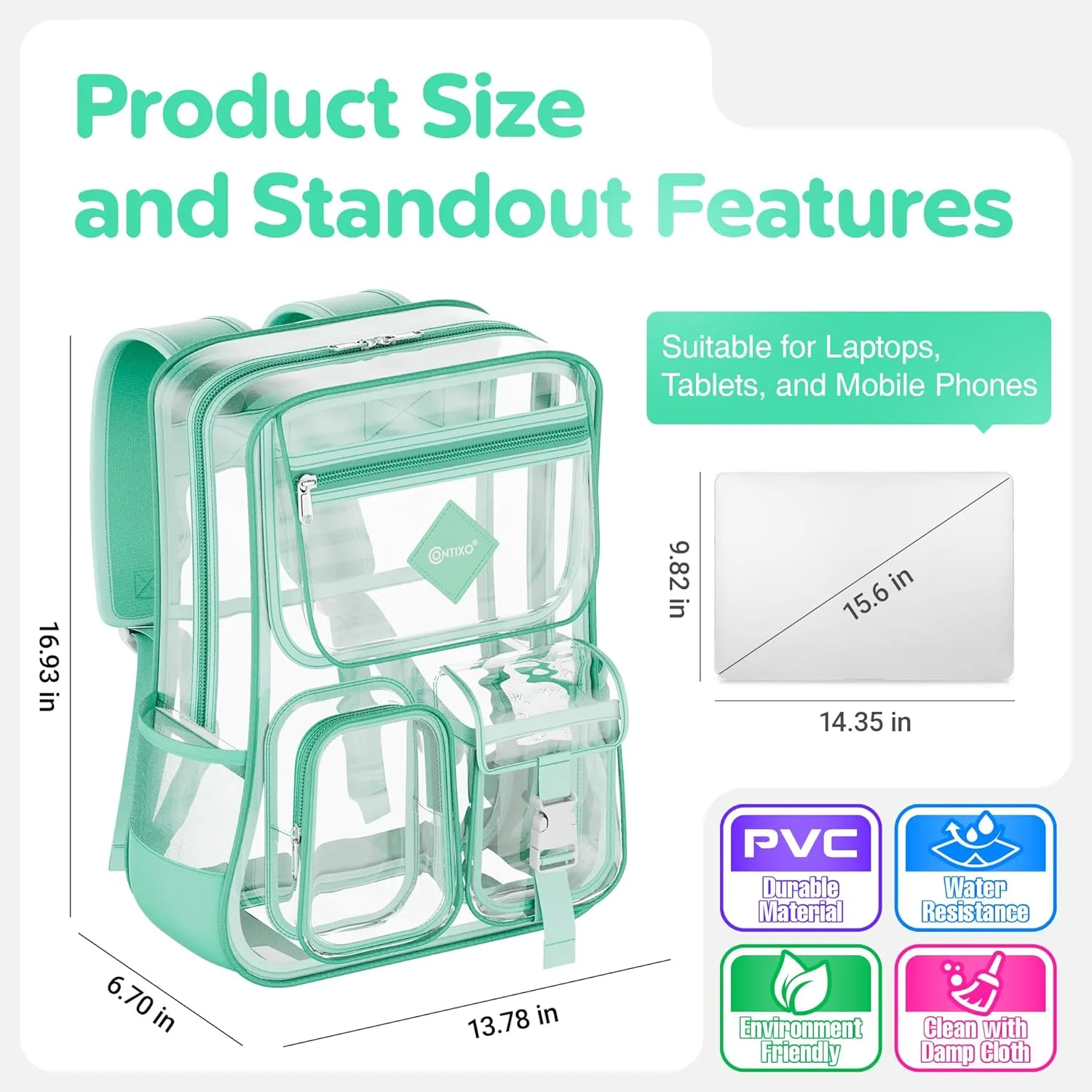 Contixo Clear Backpack for Kids & Adults - Transparent PVC Bookbag - Stadium-Approved Travel Bag for School, Waterproof - Adjustable Straps - Durable Tear-Resistant - 16.9" x 13.7" x 6.6" - Green
