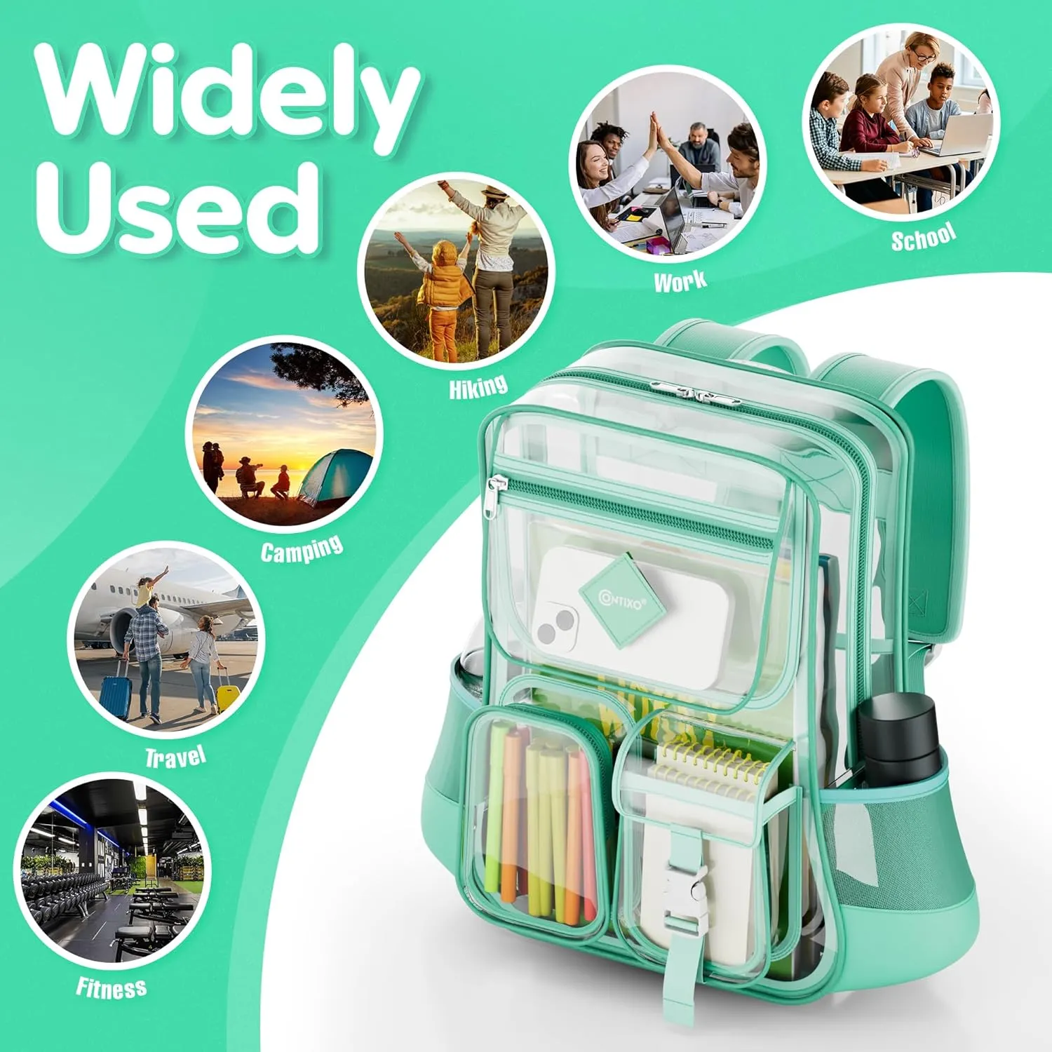 Contixo Clear Backpack for Kids & Adults - Transparent PVC Bookbag - Stadium-Approved Travel Bag for School, Waterproof - Adjustable Straps - Durable Tear-Resistant - 16.9" x 13.7" x 6.6" - Green