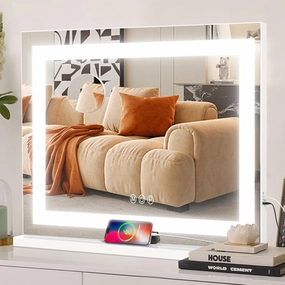 COOLJEEN Vanity Mirror with Lights, 23" x 18" LED Makeup Mirror, Lighted Makeup Mirror with 3 Color Modes, Detachable 10x Magnification and USB Charging, Tabletop & Wall-Mounted
