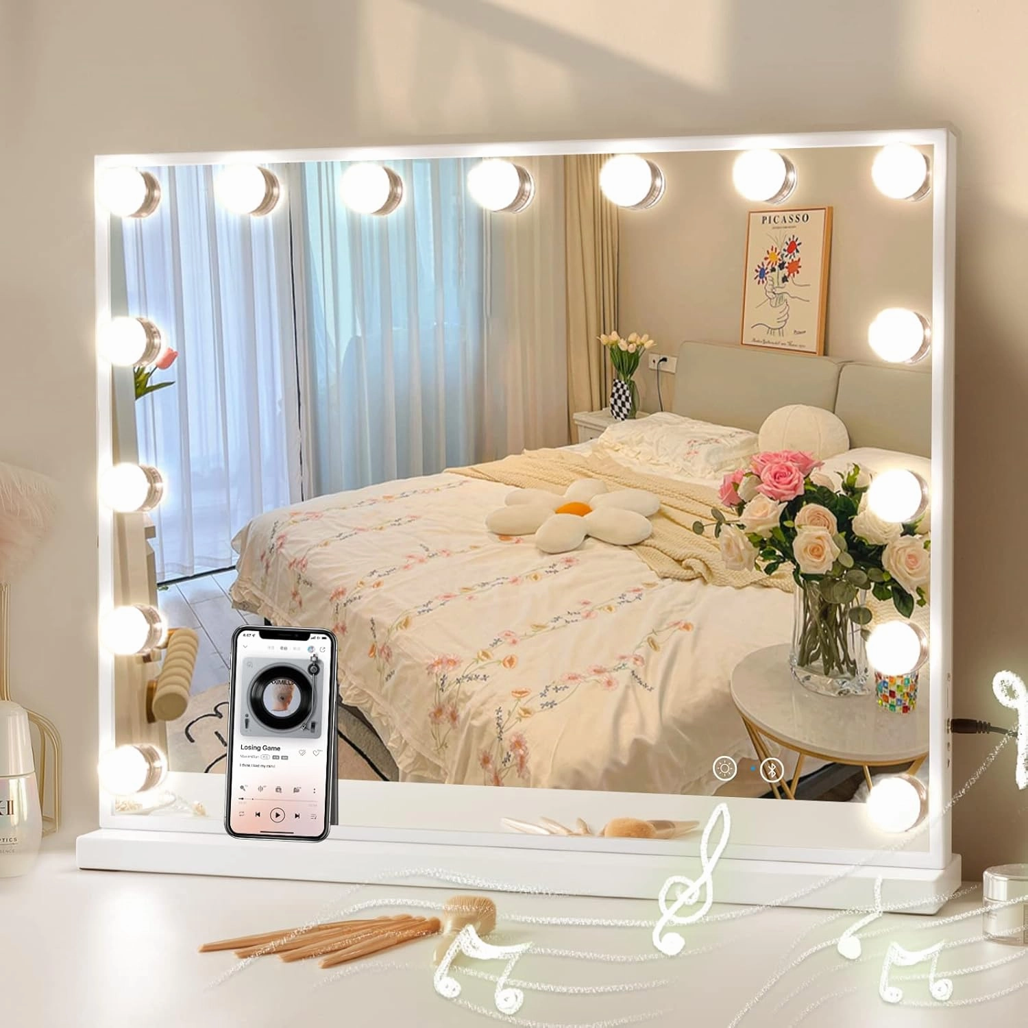 COOLJEEN Vanity Mirror with Lights and Bluetooth, Hollywood Makeup Mirror with 15 Dimmable LED Bulbs and USB Charging, 3 Color Modes Lighted Vanity Mirror, Tabletop/Wall-Mount (Shatterproof Glass)