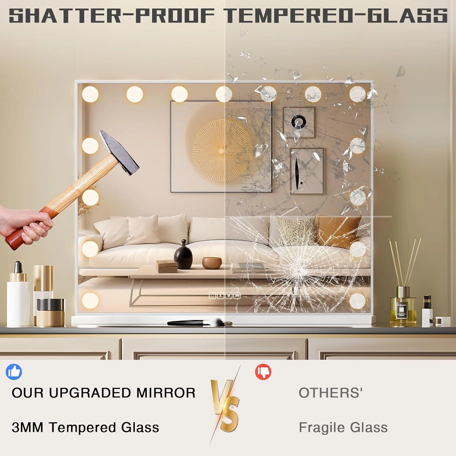COOLJEEN Vanity Mirror with Lights and Bluetooth, Hollywood Makeup Mirror with 15 Dimmable LED Bulbs and USB Charging, 3 Color Modes Lighted Vanity Mirror, Tabletop/Wall-Mount (Shatterproof Glass)