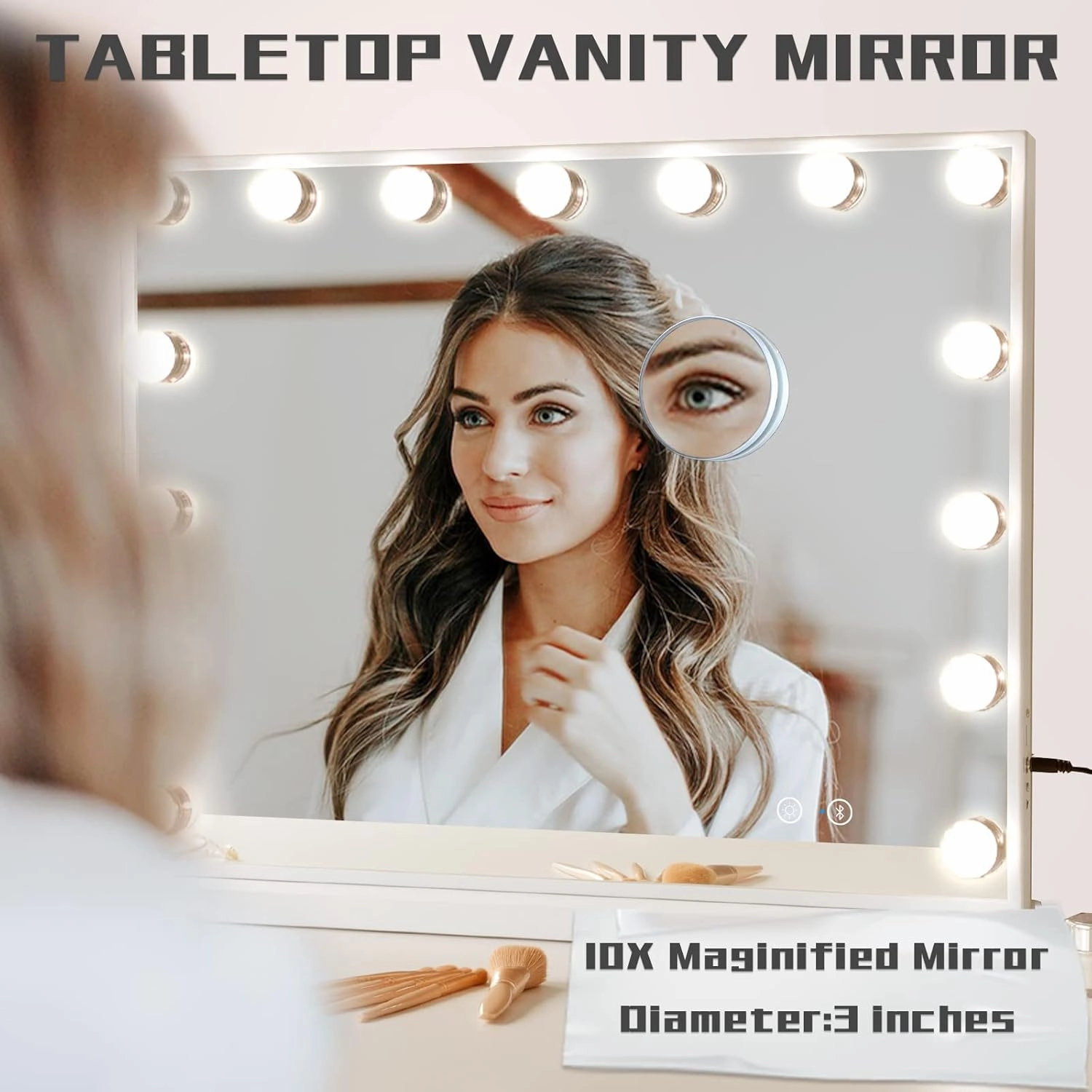 COOLJEEN Vanity Mirror with Lights and Bluetooth, Hollywood Makeup Mirror with 15 Dimmable LED Bulbs and USB Charging, 3 Color Modes Lighted Vanity Mirror, Tabletop/Wall-Mount (Shatterproof Glass)