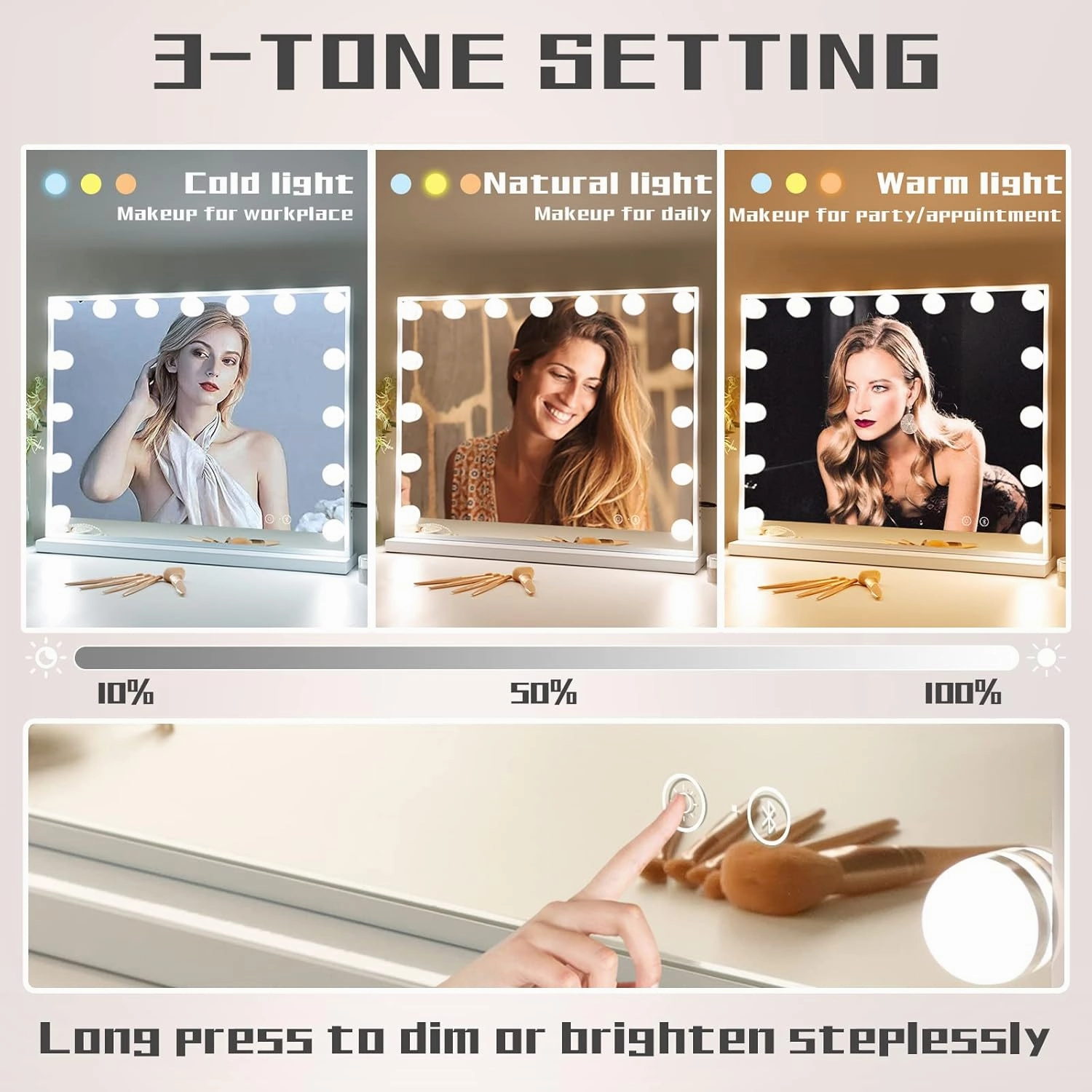 COOLJEEN Vanity Mirror with Lights and Bluetooth, Hollywood Makeup Mirror with 15 Dimmable LED Bulbs and USB Charging, 3 Color Modes Lighted Vanity Mirror, Tabletop/Wall-Mount (Shatterproof Glass)