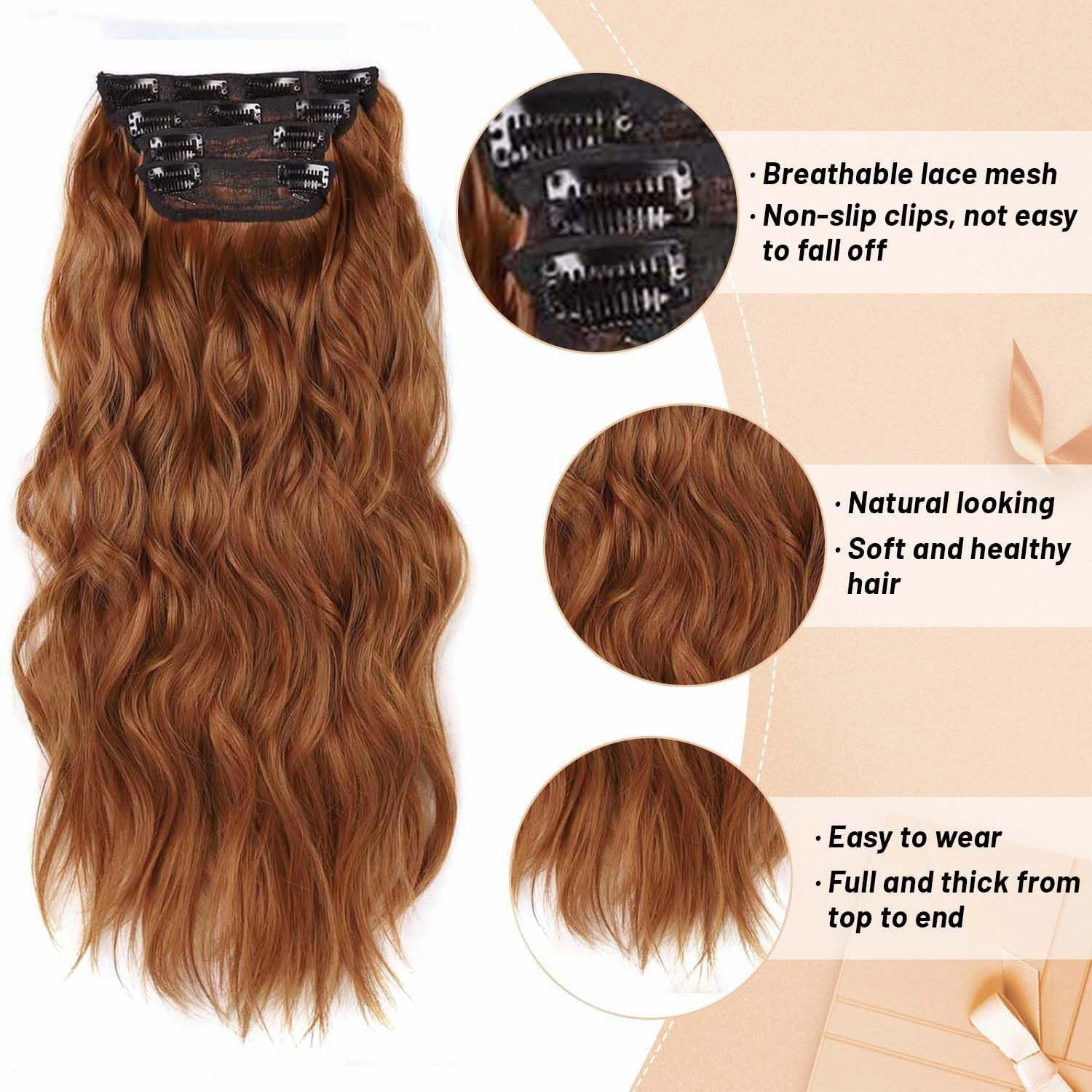 Copper Red Curly Clip In Hair Extensions for Women Synthetic Clip in Long Wavy Hair Extension 20 Inch Double Weft 4pc Hairpieces Full Head For Women (20INCH, 30c)