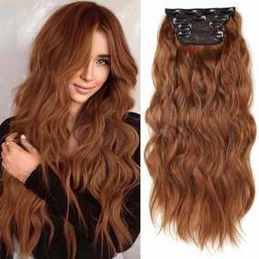 Copper Red Curly Clip In Hair Extensions for Women Synthetic Clip in Long Wavy Hair Extension 20 Inch Double Weft 4pc Hairpieces Full Head For Women (20INCH, 30c)