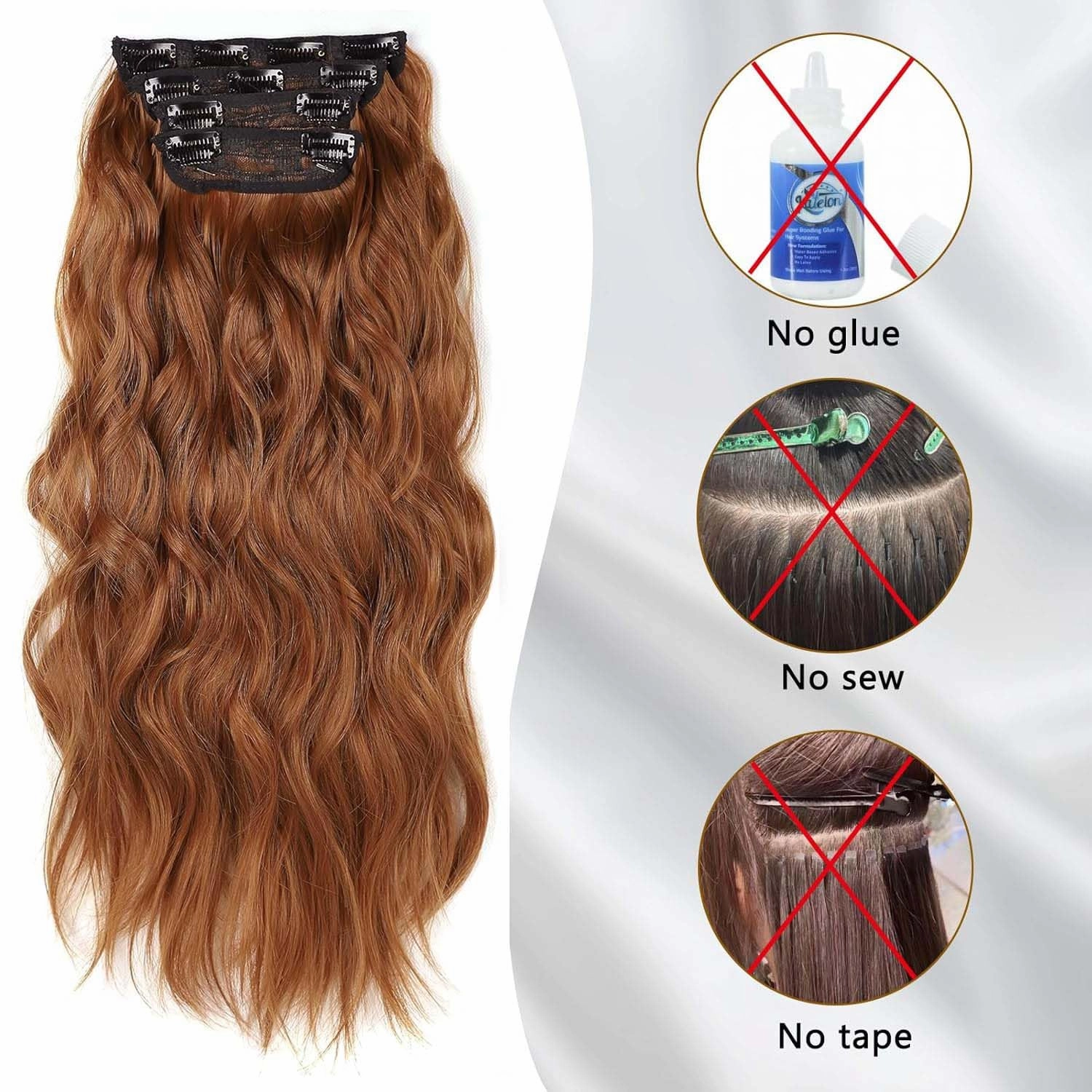Copper Red Curly Clip In Hair Extensions for Women Synthetic Clip in Long Wavy Hair Extension 20 Inch Double Weft 4pc Hairpieces Full Head For Women (20INCH, 30c)