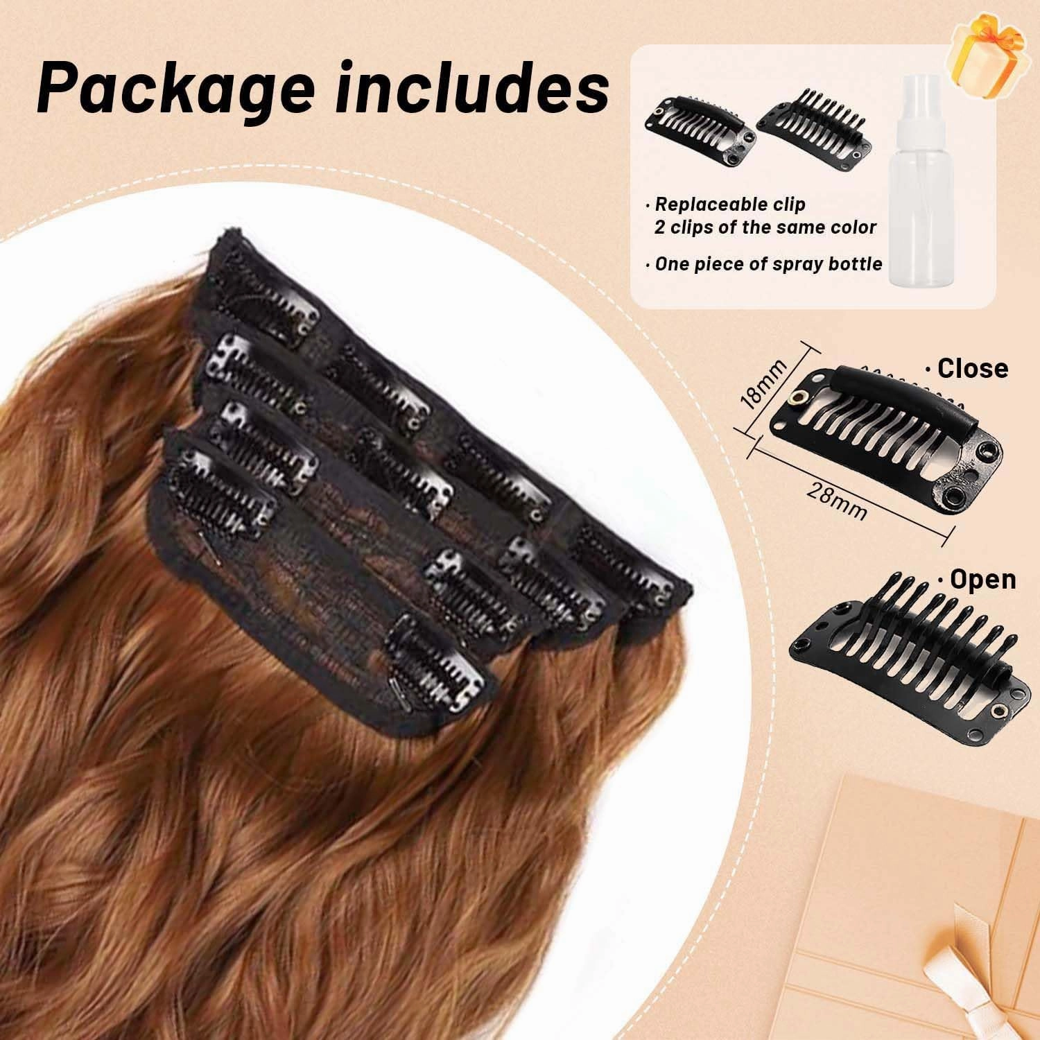 Copper Red Curly Clip In Hair Extensions for Women Synthetic Clip in Long Wavy Hair Extension 20 Inch Double Weft 4pc Hairpieces Full Head For Women (20INCH, 30c)