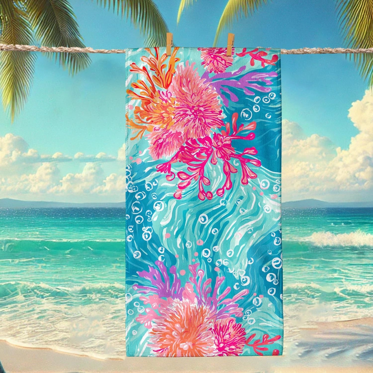 Coral Reef Microfiber Beach Towel Bright Peach Ocean Waves Bath Towel, Quick Dry Absorbent Soft Sand Free Oversized Lightweight Beach Blanket, Summer Vacation Pool Picnic Essentials 62x31 Inch