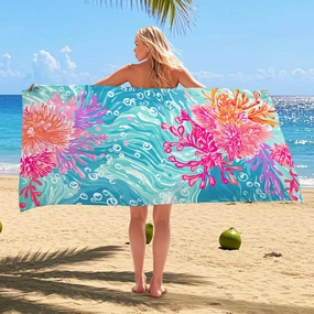 Coral Reef Microfiber Beach Towel Bright Peach Ocean Waves Bath Towel, Quick Dry Absorbent Soft Sand Free Oversized Lightweight Beach Blanket, Summer Vacation Pool Picnic Essentials 62x31 Inch
