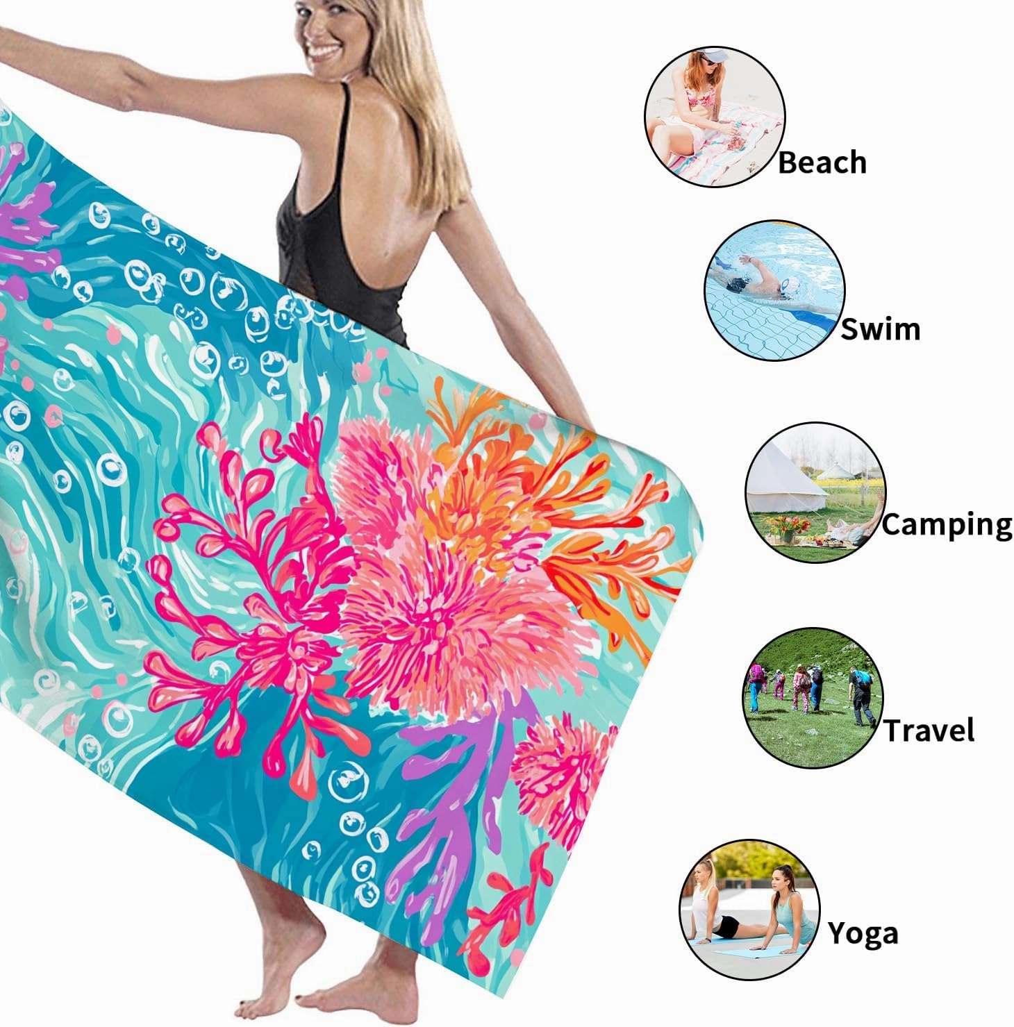 Coral Reef Microfiber Beach Towel Bright Peach Ocean Waves Bath Towel, Quick Dry Absorbent Soft Sand Free Oversized Lightweight Beach Blanket, Summer Vacation Pool Picnic Essentials 62x31 Inch