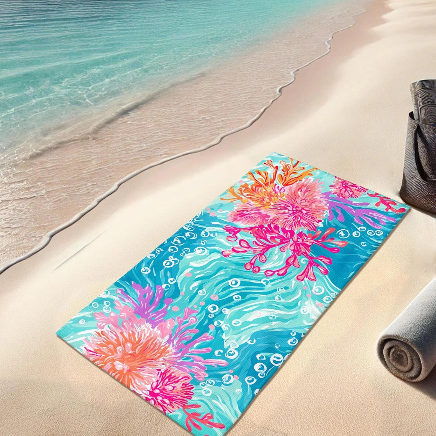 Coral Reef Microfiber Beach Towel Bright Peach Ocean Waves Bath Towel, Quick Dry Absorbent Soft Sand Free Oversized Lightweight Beach Blanket, Summer Vacation Pool Picnic Essentials 62x31 Inch