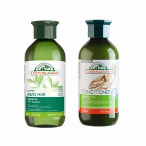 CorpSano Value Pack - Purifing Shampoo for Greasy Hair w/Green Tea, Nettle & Thyme and Revitalizing Conditioner w/Ginseng & Sage - Parabens Free - Silicone Free