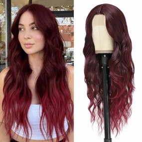 Cosplay Long Burgundy Wig 26 Inch Middle Part Synthetic Wig Realistic Gifts Party Wigs for Women Daily Use Colorful Wigs (Burgundy)