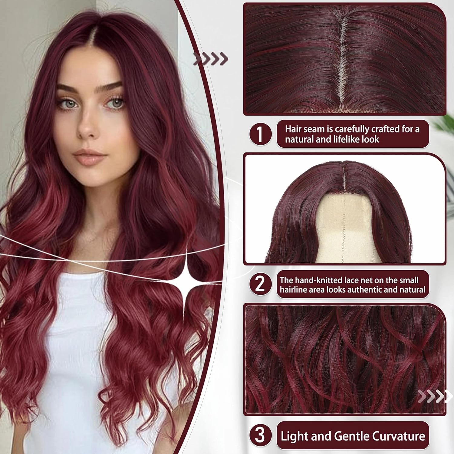 Cosplay Long Burgundy Wig 26 Inch Middle Part Synthetic Wig Realistic Gifts Party Wigs for Women Daily Use Colorful Wigs (Burgundy)