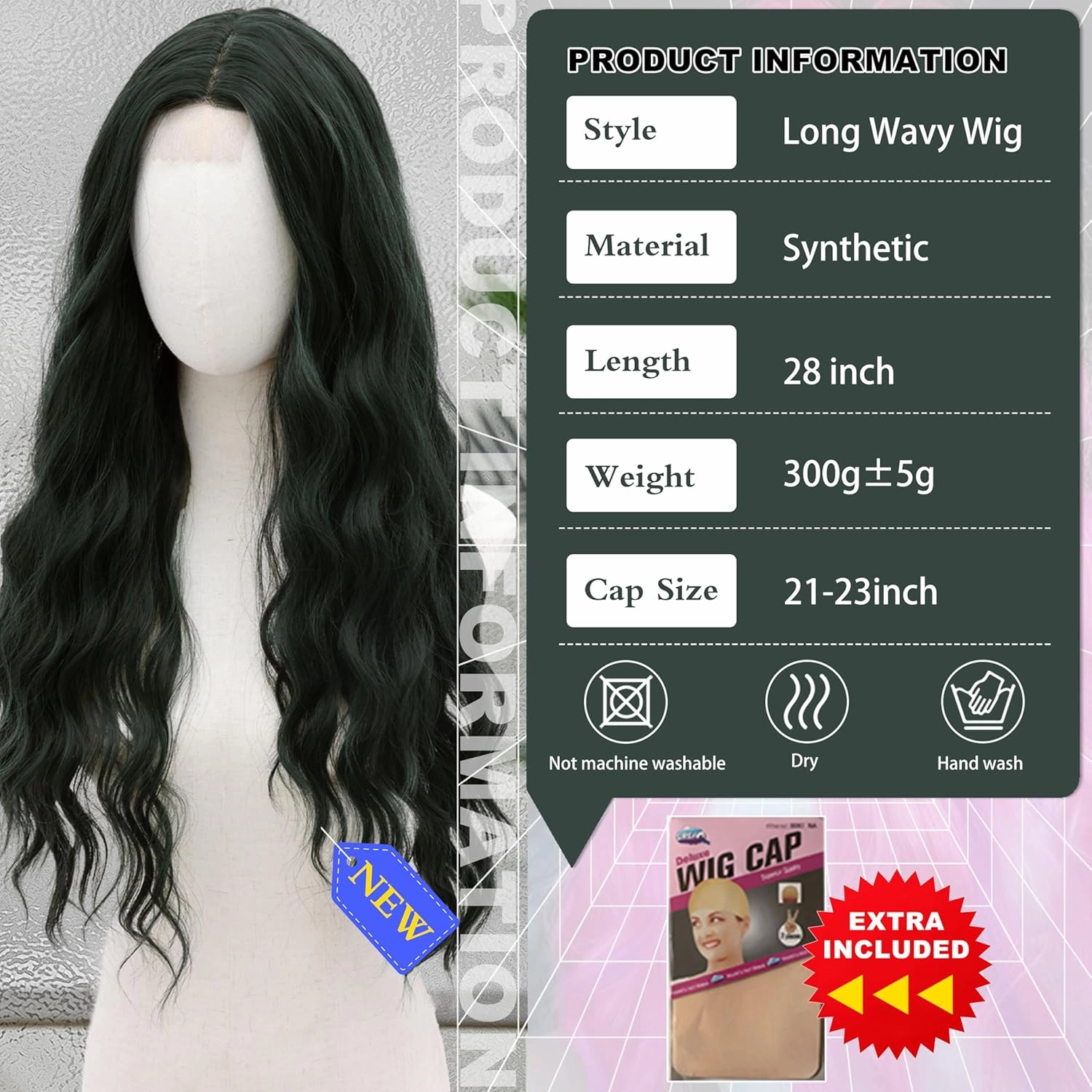 Cosplay Long Dark Green Wig 28 Inch Middle Part Synthetic Wig Realistic Gifts Party Wigs for Women Daily Use Colorful Wigs (Dark Green)