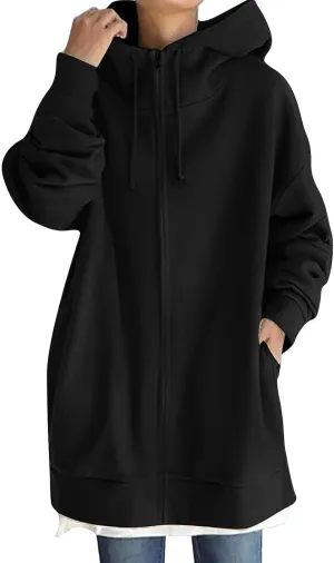 COTECRAM Women's Zip Up Hoodies Oversized Long Sleeve Fall Hooded Sweatshirts Casual Long Fleece Jacket Coats with Pockets