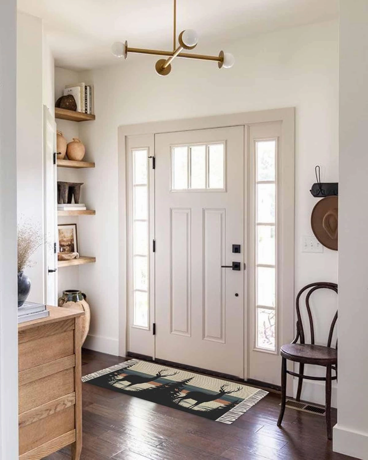 Country Forest Kitchen Hallway Runner Rug 2X5 Ft Carpet, Washable Woven Throw Carpet with Tassel, Farmhouse Deer Tree Striped Vintage Non-Shedding Entryway Laundry Rugs