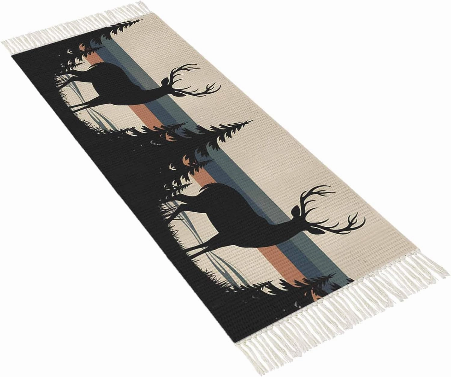 Country Forest Kitchen Hallway Runner Rug 2X5 Ft Carpet, Washable Woven Throw Carpet with Tassel, Farmhouse Deer Tree Striped Vintage Non-Shedding Entryway Laundry Rugs