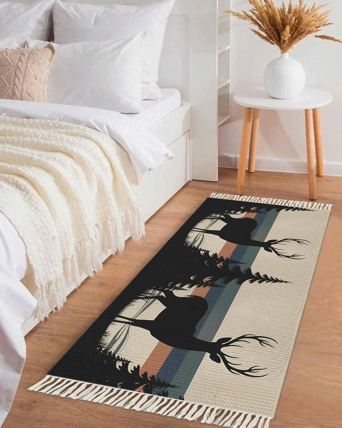 Country Forest Kitchen Hallway Runner Rug 2X5 Ft Carpet, Washable Woven Throw Carpet with Tassel, Farmhouse Deer Tree Striped Vintage Non-Shedding Entryway Laundry Rugs