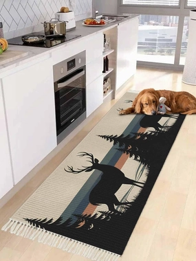 Country Forest Kitchen Hallway Runner Rug 2X5 Ft Carpet, Washable Woven Throw Carpet with Tassel, Farmhouse Deer Tree Striped Vintage Non-Shedding Entryway Laundry Rugs
