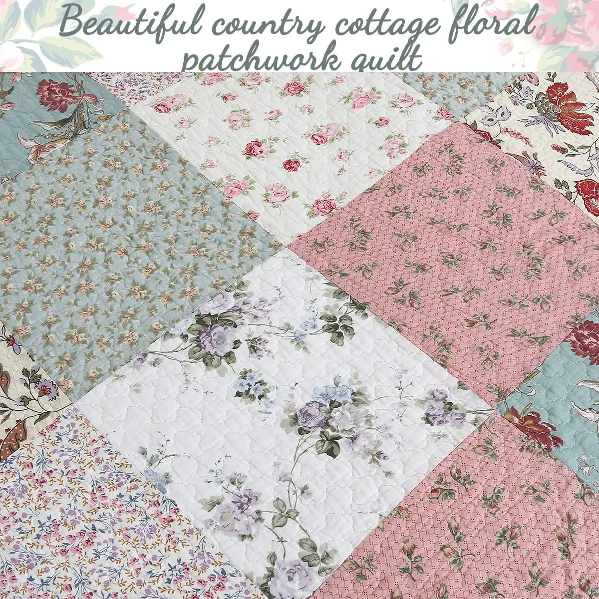 Cozy Line Home Fashions Floral Real Patchwork Green Peach Scalloped Edge Country 100% Cotton Quilt Bedding Set, Reversible Coverlet Bedspread (Celia, Queen - 3 Piece)