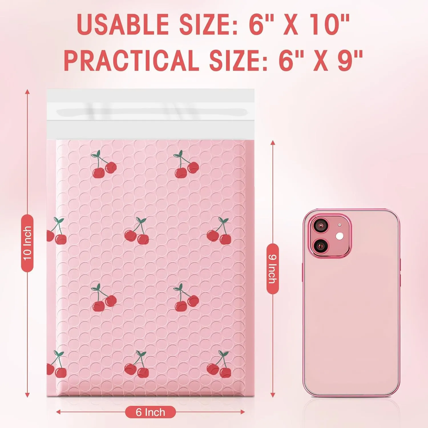 Cozymood Bubble Mailers 6x10 25 Pack Pink Custom Designer Shipping Envelopes Mailing Self Seal Adhesive Waterproof Padded for Valentines Day Gifts Packaging, Mailing, Small Business Bulk, Cherries