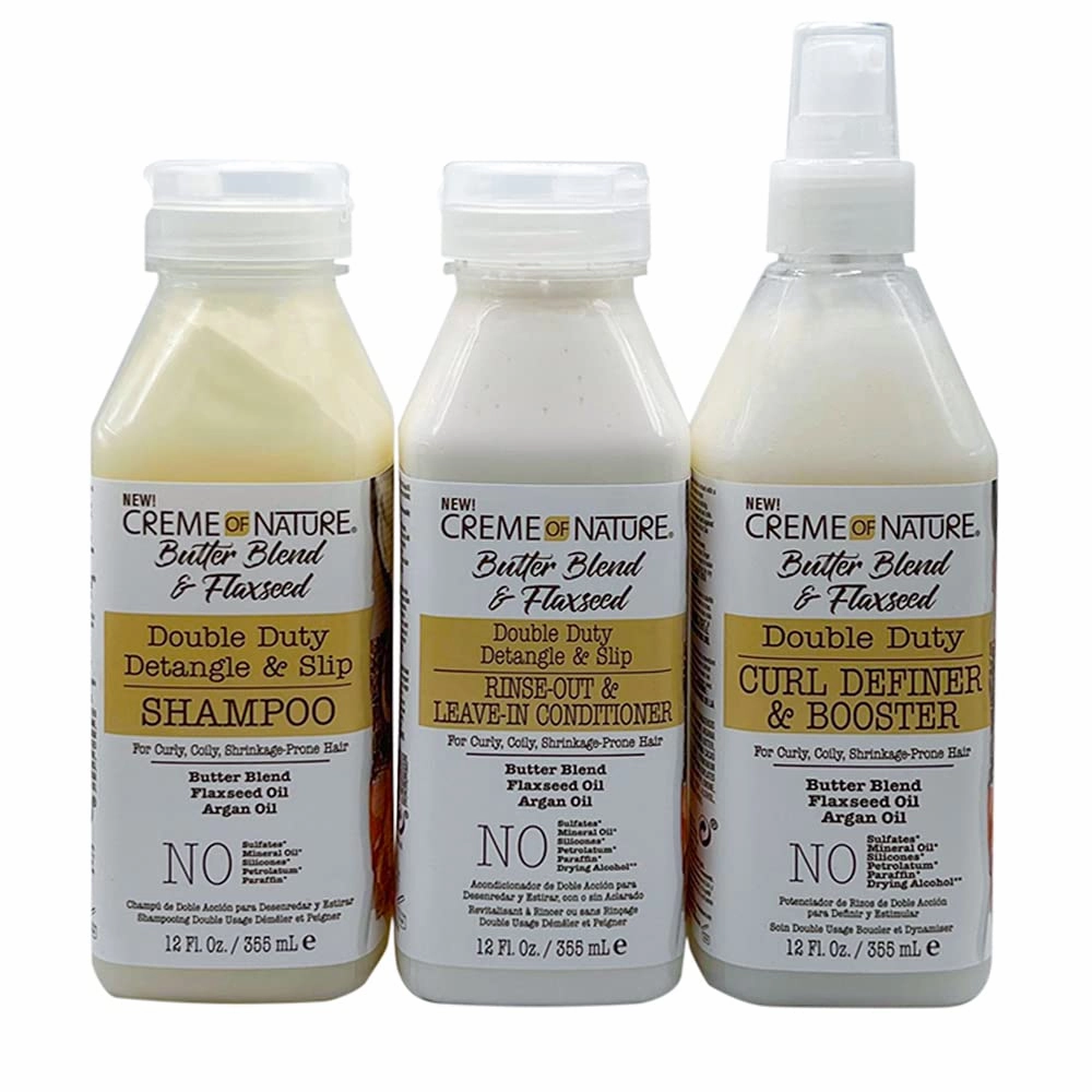 Creme of Nature Butter Blend & Flaxseed– Shampoo, Conditioner & Curl Definer & Booster – for Curly, Coily, Shrinkage - Prone Hair – Styling Bundle Collection Set 3 PCS