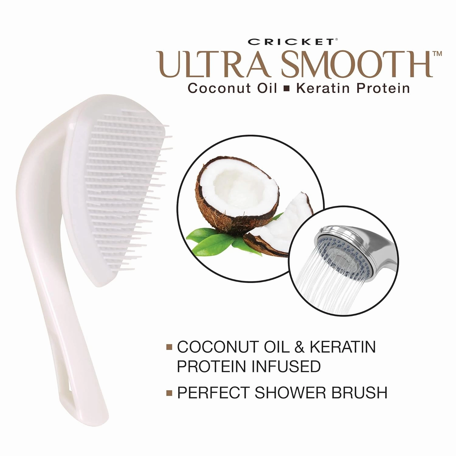 Cricket Ultra Smooth Coconut Detangling Brush for Wet, Dry Hair Anti-Frizz Detangler Shower Hairbrush with Coconut Oil and Keratin Protein Infused Plastic for All Hair Types