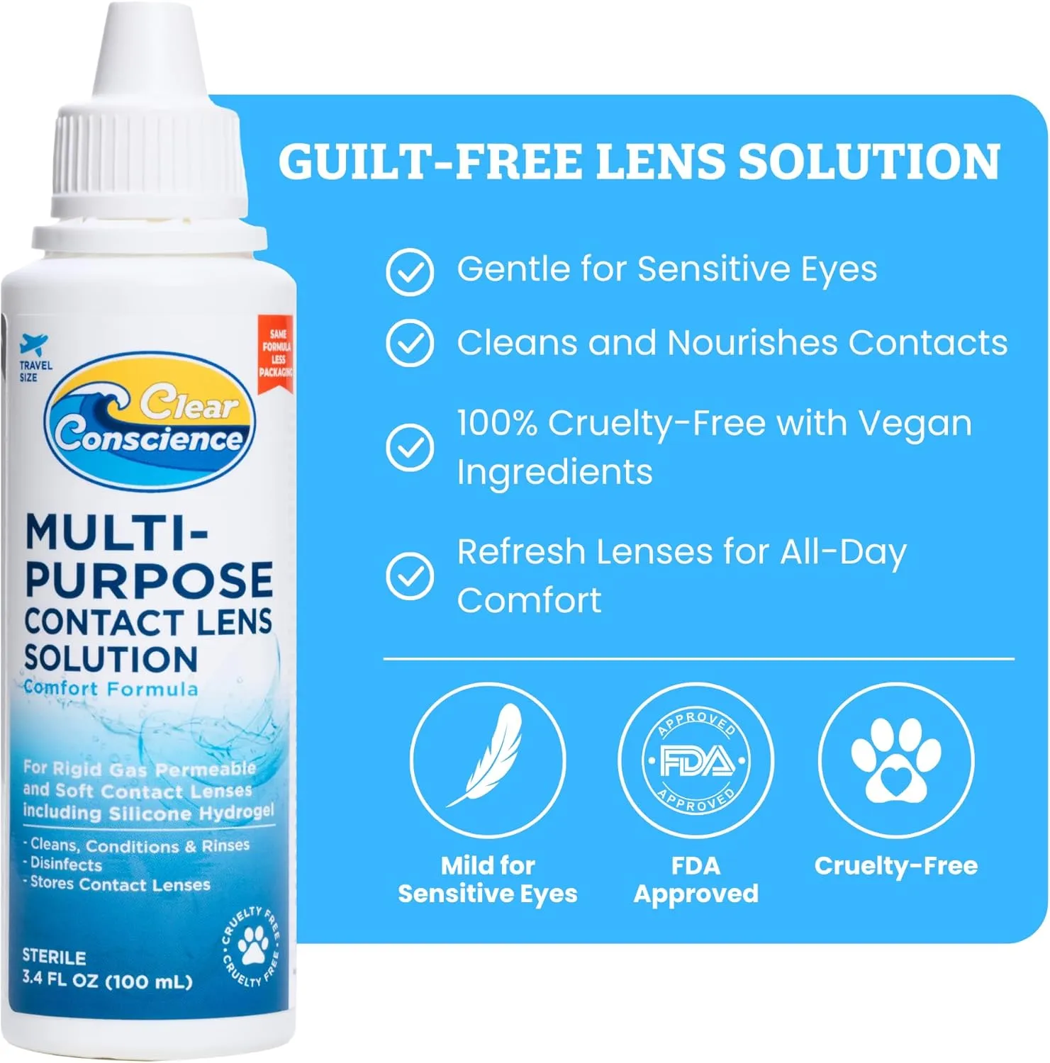 Cruelty-Free Multipurpose Contact Solution Travel Size - Mild Cleaner & Conditioner for Eye Contact Lens Care by Clear Conscience, 3 Fl oz (4 Pack)