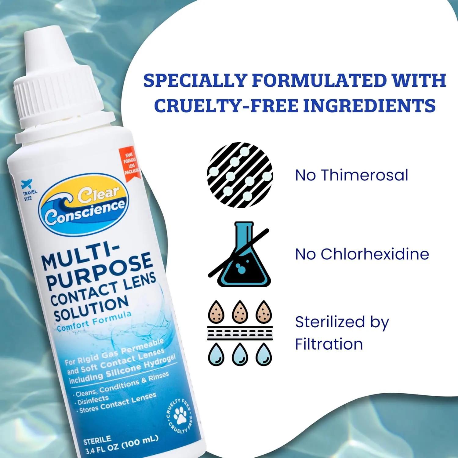 Cruelty-Free Multipurpose Contact Solution Travel Size - Mild Cleaner & Conditioner for Eye Contact Lens Care by Clear Conscience, 3 Fl oz (4 Pack)