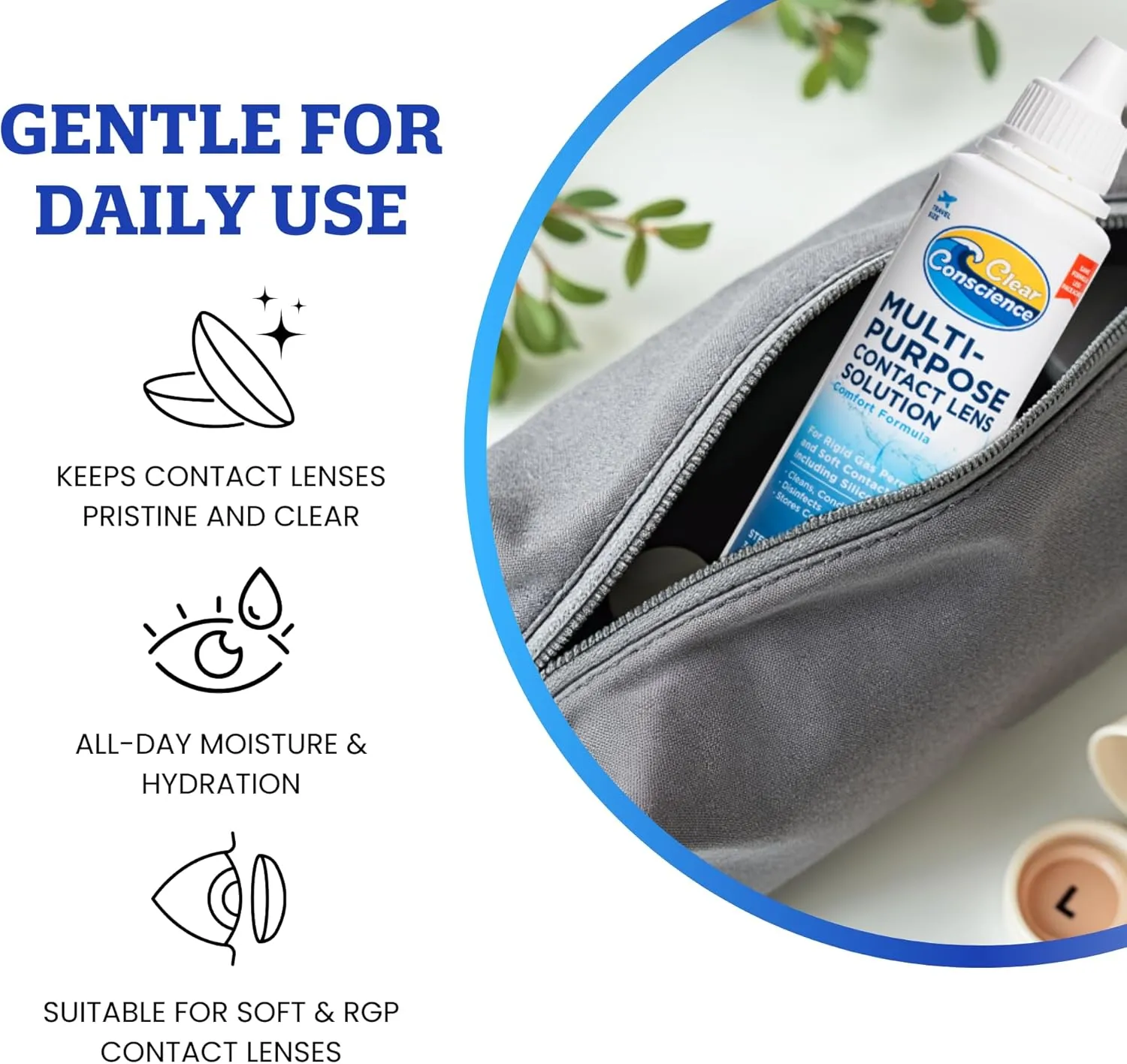 Cruelty-Free Multipurpose Contact Solution Travel Size - Mild Cleaner & Conditioner for Eye Contact Lens Care by Clear Conscience, 3 Fl oz (4 Pack)
