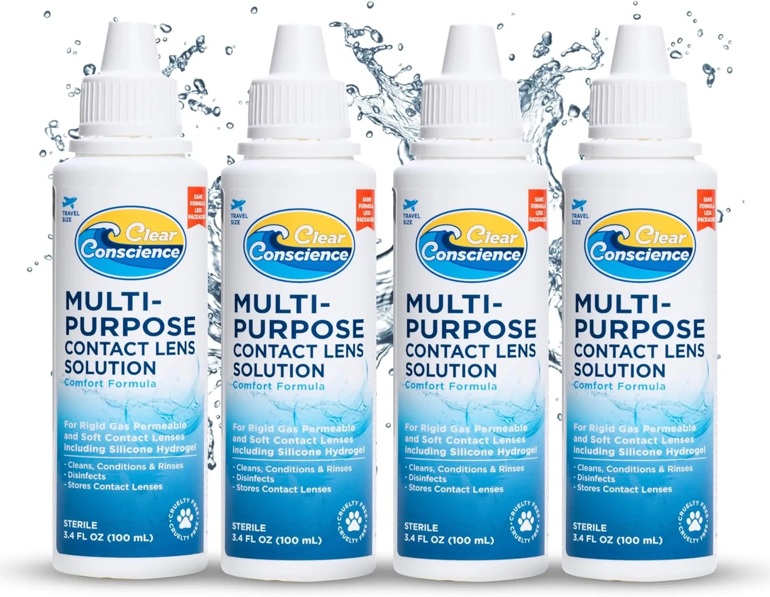 Cruelty-Free Multipurpose Contact Solution Travel Size - Mild Cleaner & Conditioner for Eye Contact Lens Care by Clear Conscience, 3 Fl oz (4 Pack)