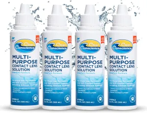 Cruelty-Free Multipurpose Contact Solution Travel Size - Mild Cleaner & Conditioner for Eye Contact Lens Care by Clear Conscience, 3 Fl oz (4 Pack)
