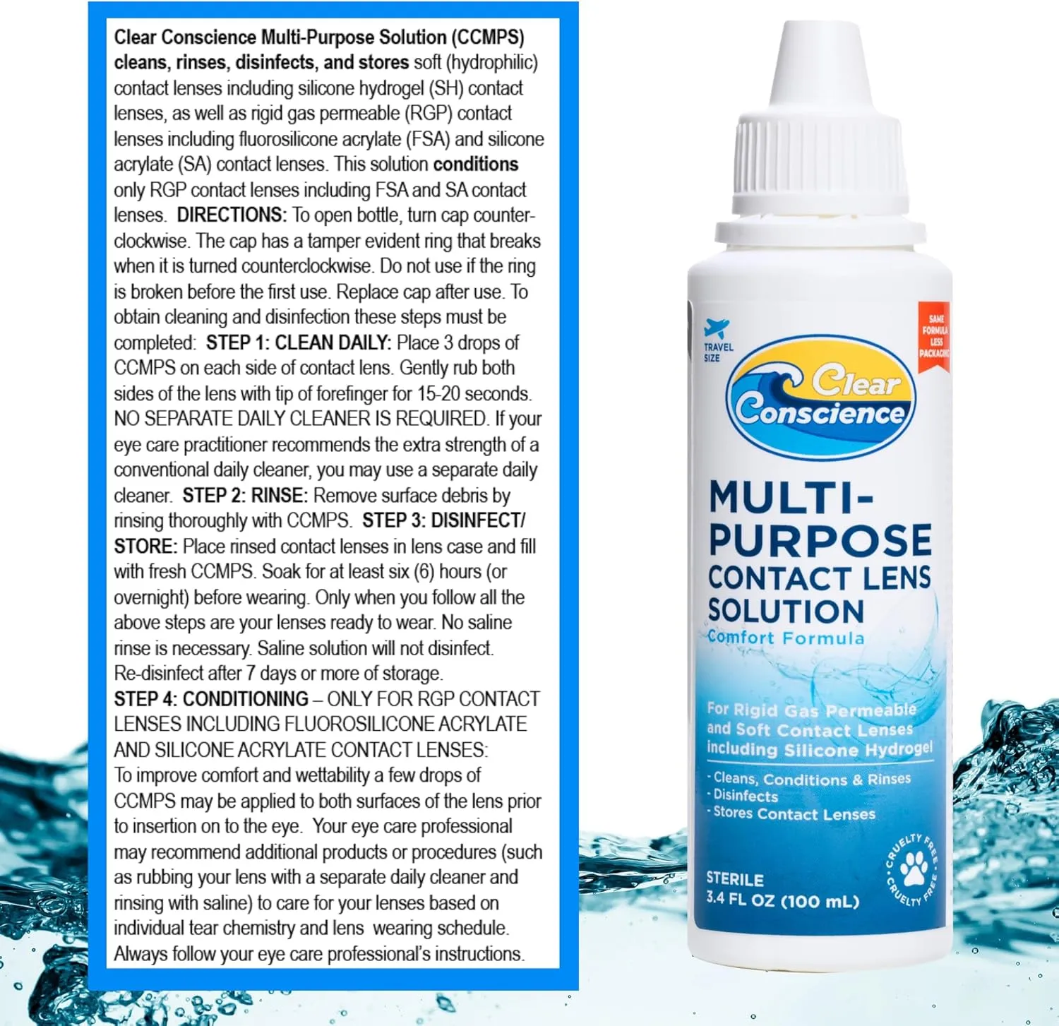 Cruelty-Free Multipurpose Contact Solution Travel Size - Mild Cleaner & Conditioner for Eye Contact Lens Care by Clear Conscience, 3 Fl oz (4 Pack)