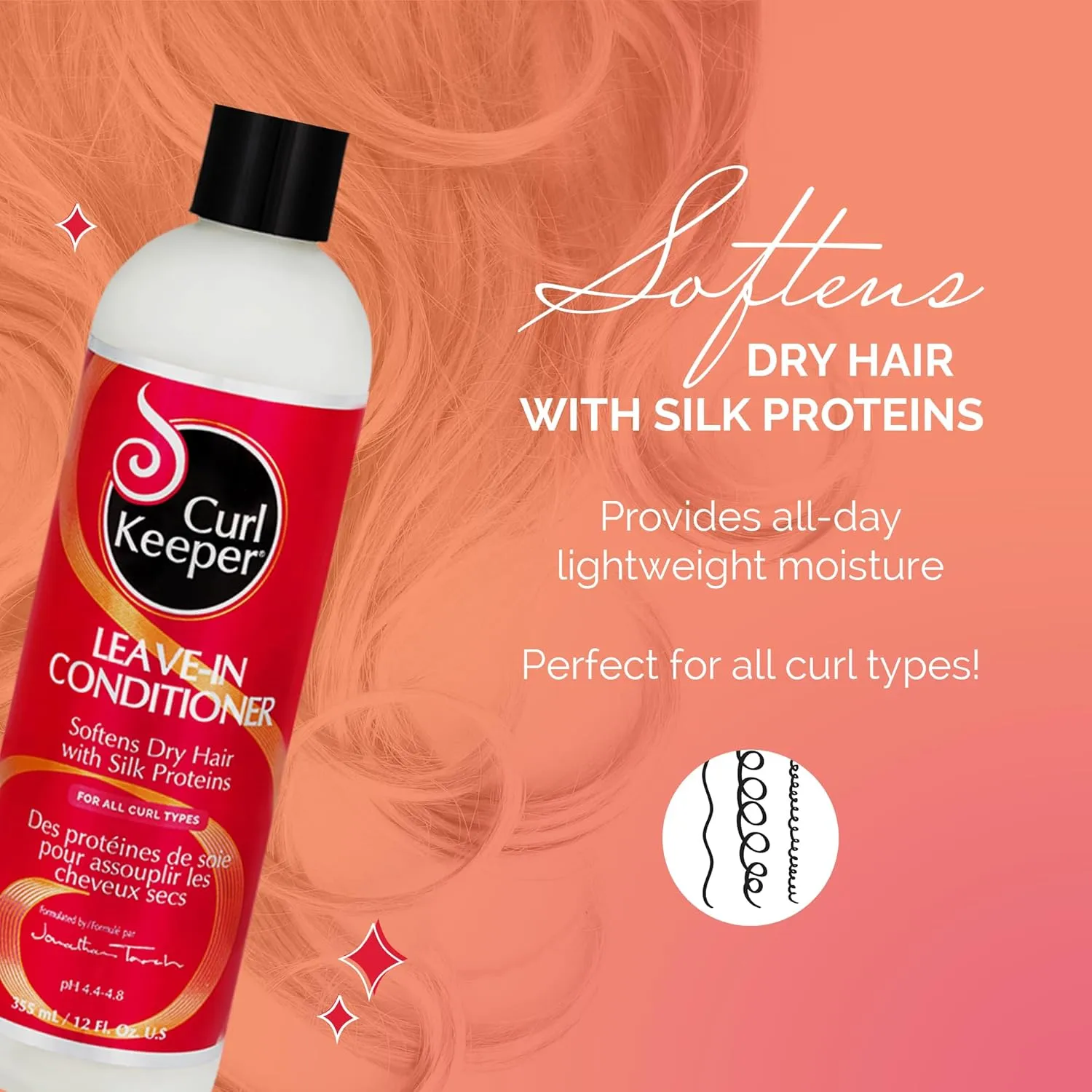 Curl Keeper Leave-In Conditioner - Lightweight Moisture for All Curl Types, Softens Hair with Silk Proteins for Shine, 12 Fl Oz
