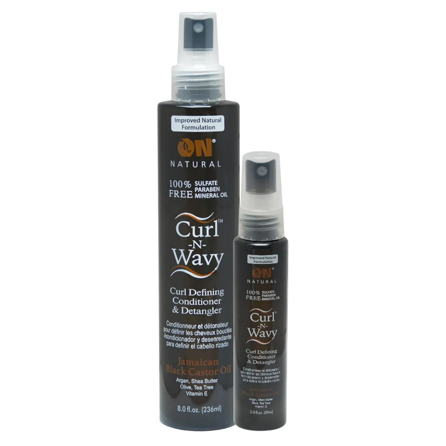 Curl-N-Wavy Curl Defining Leave-In Conditioner & Detangler, 8 oz & 2 oz Travel Size Set - Hydrated, Shiny Curls, Sulfate, Paraben Free (JAMAICAN BLACK CASTOR OIL)